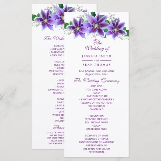 Classy Chic Clematis Hochzeitsprogramm Programm (Vorne/Hinten)