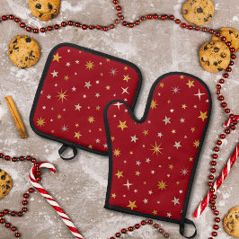 Classy Chic Elegant Gold Silver Red Christmas Star Ofenhandschuh & Topflappen-Set