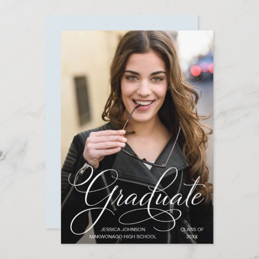 Classy Chic Elegant Script FOTO Graduation Party Einladung (Vorne/Hinten)