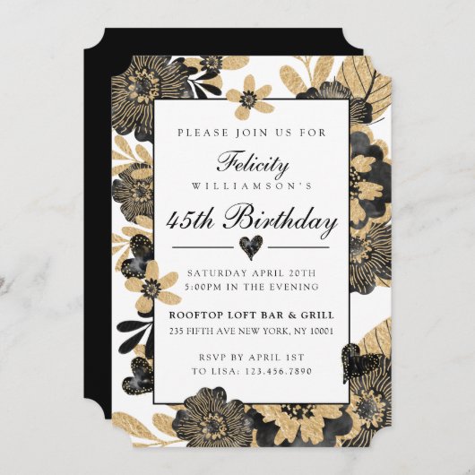 Classy Chic Floral Black Gold Geburtstag Einladung (Vorne/Hinten)