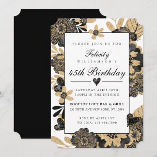 Classy Chic Floral Black Gold Geburtstag Einladung