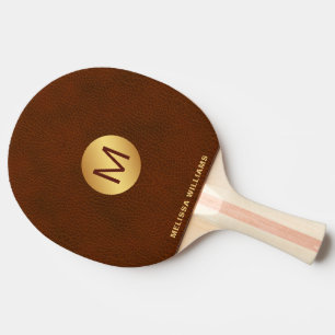 Classy Chic Imitats Brown Leather & Gold Erstname Tischtennis Schläger