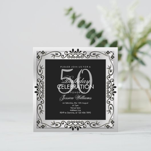 Classy Chic Silver Decorative Gerahmt 50. Geburtst Einladung (Stehend Vorderseite)