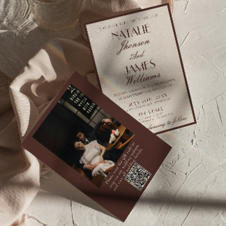 Classy Chocolate Brown Fancy Photo QR Code Wedding Einladung