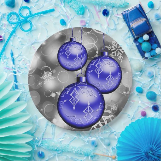 Classy Christmas Blue Silver Gray Paper Plate Pappteller (Party)
