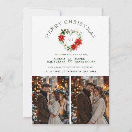 Classy Christmas Floral Monogram Heart Initials Save The Date (Vorderseite)