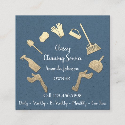 Classy Cleaning Services Gold Logo Maid Kraft Blue Quadratische Visitenkarte (Vorderseite)