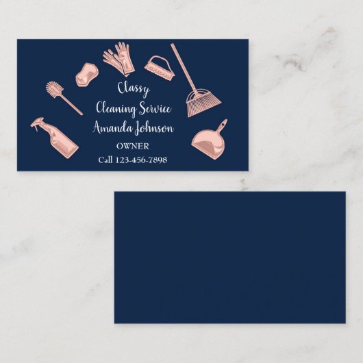 Classy Cleaning Services Gold Logo Maid Navy Rose Visitenkarte (Vorne/Hinten)
