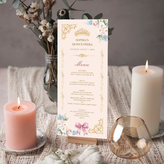 Classy Crown Pink Bow Quinceanera Custom Menu Card Einladung