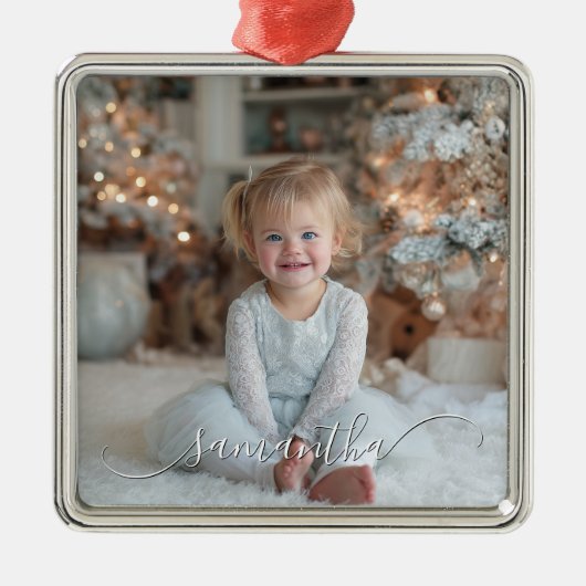 Classy Curved Swash Signature Holiday Photo Ornament Aus Metall (Vorne)