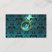 CLASSY DAMASK GEM MONOGRAM Schwarz-Blau-Aquamarine Visitenkarte (Rückseite)