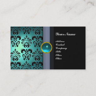 CLASSY DAMASK GEM MONOGRAM Schwarz-Blau-Aquamarine Visitenkarte
