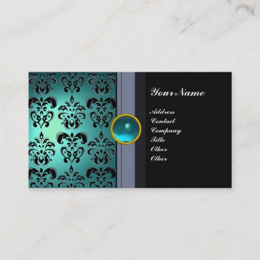 CLASSY DAMASK GEM MONOGRAM Schwarz-Blau-Aquamarine Visitenkarte (Vorderseite)