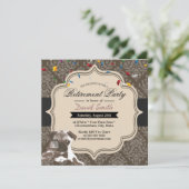 Classy Damask Mops & Wine Retirement Party Einladung (Stehend Vorderseite)