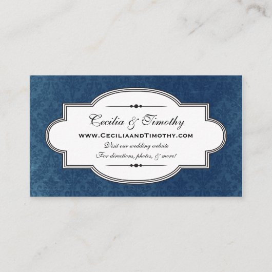 Classy Damask Wedding Website Business Card (blau) Begleitkarte (Vorderseite)