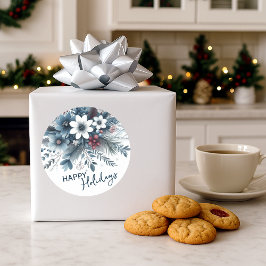 Classy Dark Aquamarin Blue Red Floral Holiday Wrea Runder Aufkleber