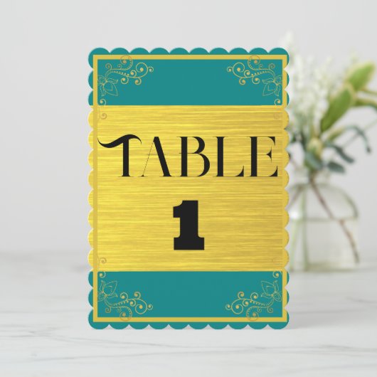 Classy Dark Blue Green & Gold Wedding Tischnummer (Stehend Vorderseite)