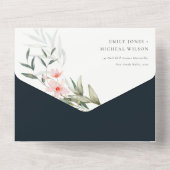 Classy Dark Navy Blush Greenery Blumenzange All In One Einladung (Rückseite)