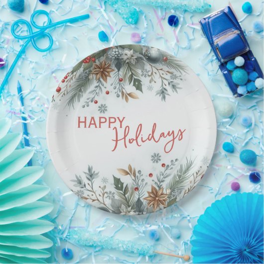 Classy Dark Red Teal Blue Floral Holiday Wreath Pappteller (Party)