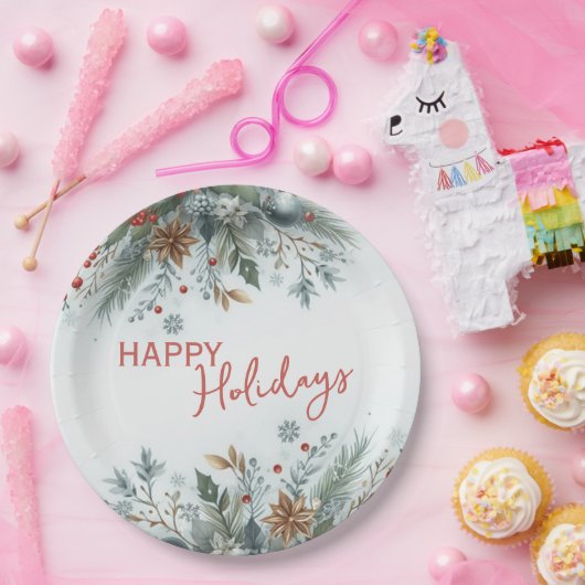 Classy Dark Red Teal Blue Floral Holiday Wreath Pappteller (Party)