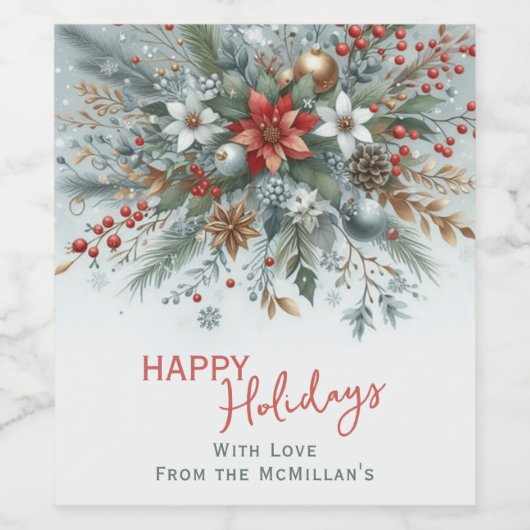 Classy Dark Red Teal Blue Green Floral Wreath Weinetikett (Einzelnes Label)