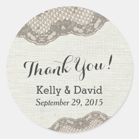 Classy Dark Tan Lace Burlap Gastgeschenk Hochzeit  Runder Aufkleber (Vorderseite)