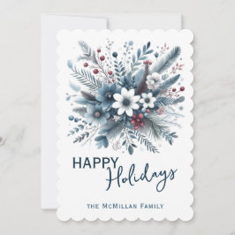 Classy Dark Teal Blue Red Floral Holiday Wreath Feiertagskarte