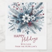 Classy Dark Teal Blue Red Floral Holiday Wreath Weinetikett (Einzelnes Label)