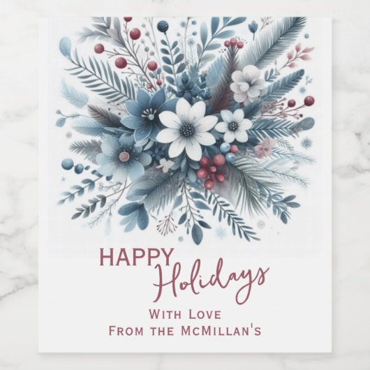 Classy Dark Teal Blue Red Floral Holiday Wreath Weinetikett (Einzelnes Label)