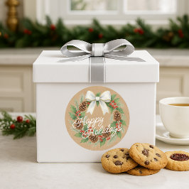 Classy December Wreath With White Bow Watercolor Runder Aufkleber