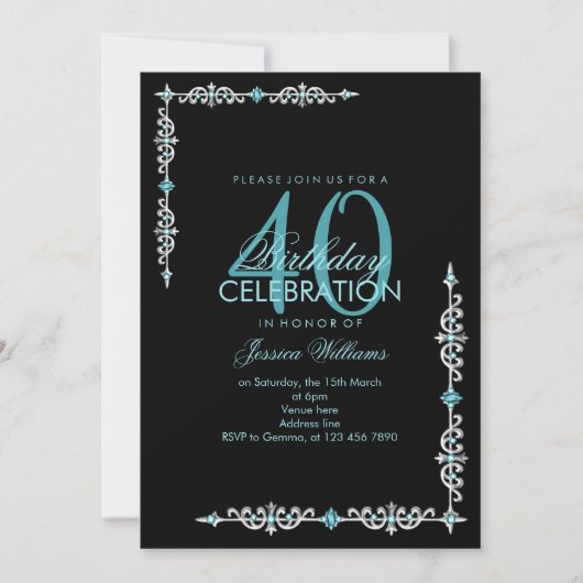 Classy Decorative Aqua Gem Birthday Einladung (Vorderseite)