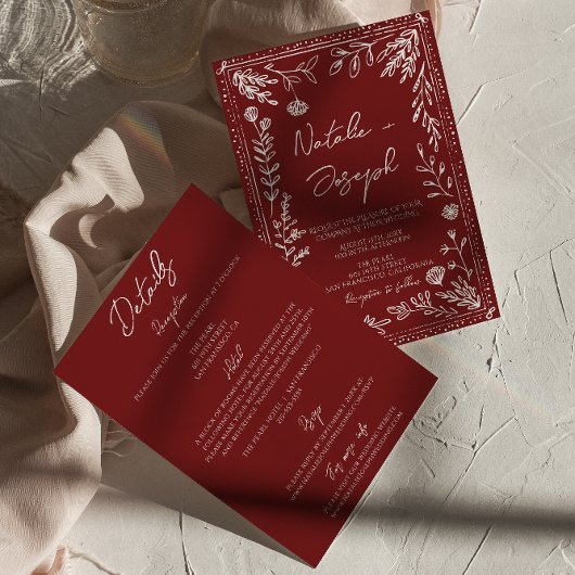 Classy Deep Red Blue Floral All In One Wedding Einladung