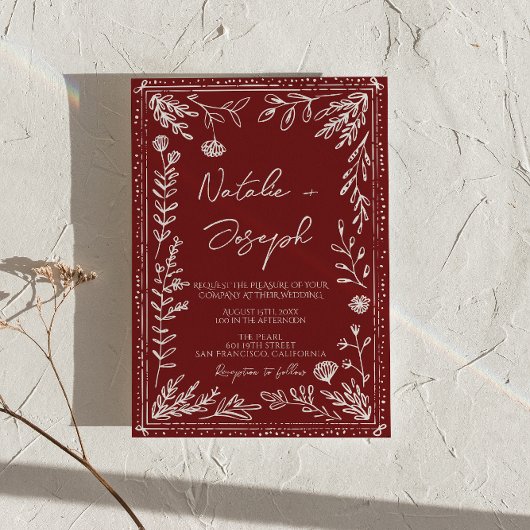 Classy Deep Red Blue Floral Modern QR Code Wedding Einladung