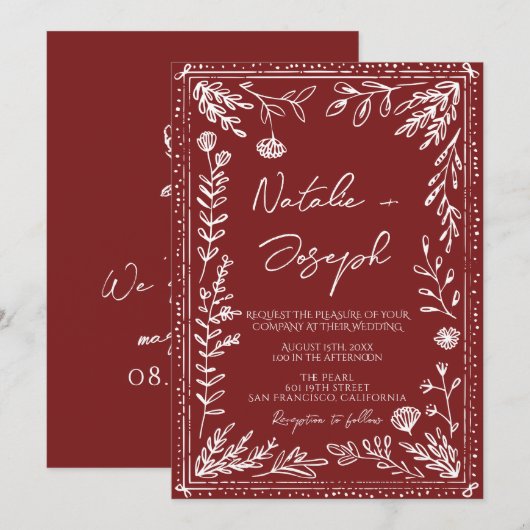 Classy Deep Red Blue Floral Modern Wedding Einladung (Vorne/Hinten)