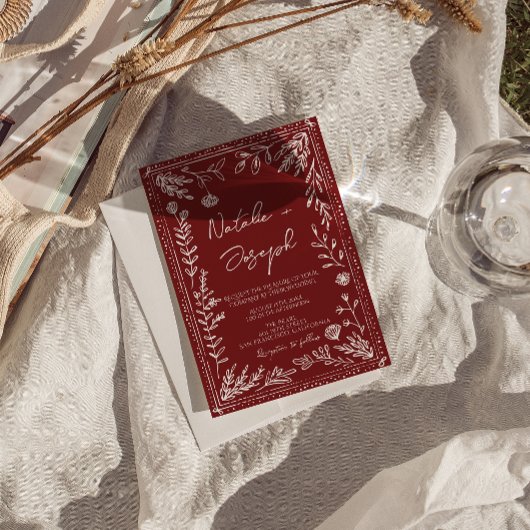 Classy Deep Red Blue Floral QR Code Photo Wedding Einladung