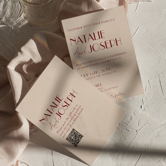 Classy Deep Red Blue QR Code Modern Wedding Einladung