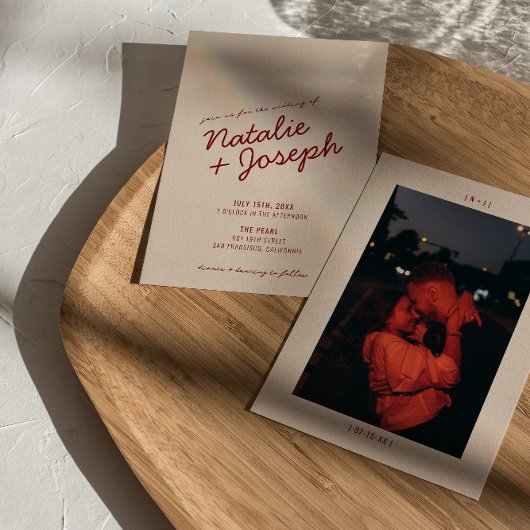 Classy Deep Red Blue Whimsical Photo Wedding Einladung