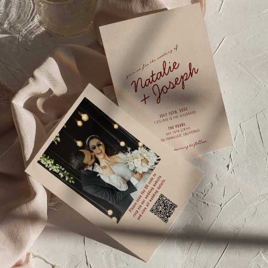 Classy Deep Red Whimsical QR Code Photo Wedding Einladung
