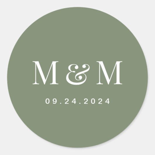 Classy Deep Sage Green Monogram Typography Wedding Runder Aufkleber (Vorderseite)