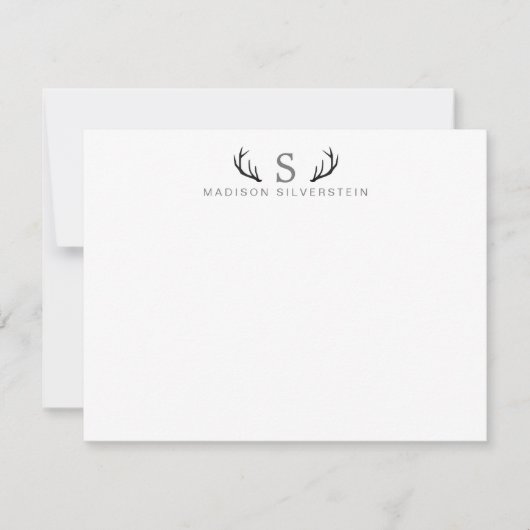 Classy Deer Antlers Grau Monogram Mitteilungskarte (Vorderseite)