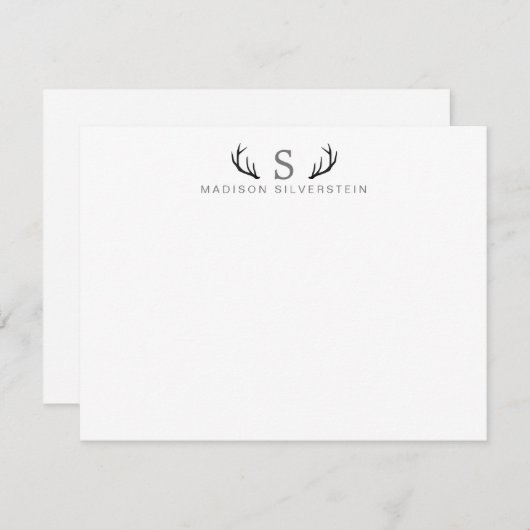 Classy Deer Antlers Grau Monogram Mitteilungskarte (Vorne/Hinten)