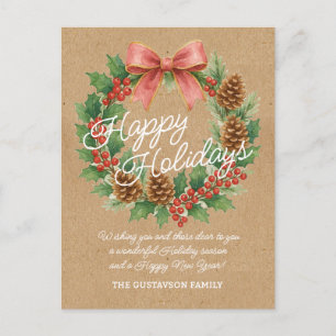 Classy Dezember Kranz mit rosa Bow Wasserfarbe Feiertagspostkarte