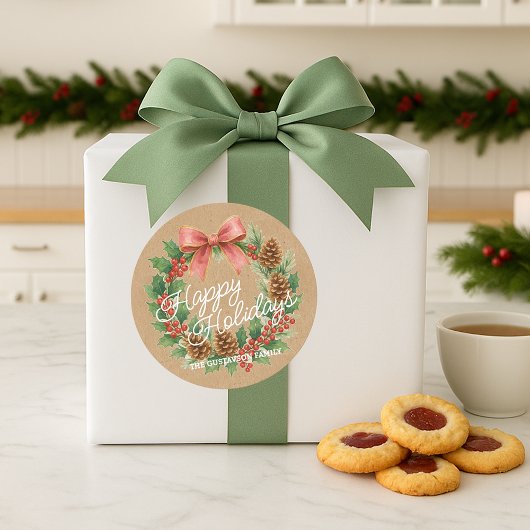 Classy Dezember Kranz mit rosa Bow Wasserfarbe Runder Aufkleber