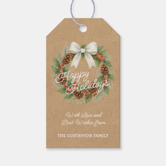 Classy Dezember Kranz mit weißem Bow Wasserfarbe Geschenkanhänger (Vorderseite)