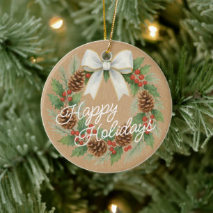 Classy Dezember Kranz mit weißem Bow Wasserfarbe Keramik Ornament