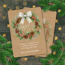 Classy Dezember Wreath White Bow Watercolor Gold Folien Feiertagskarte