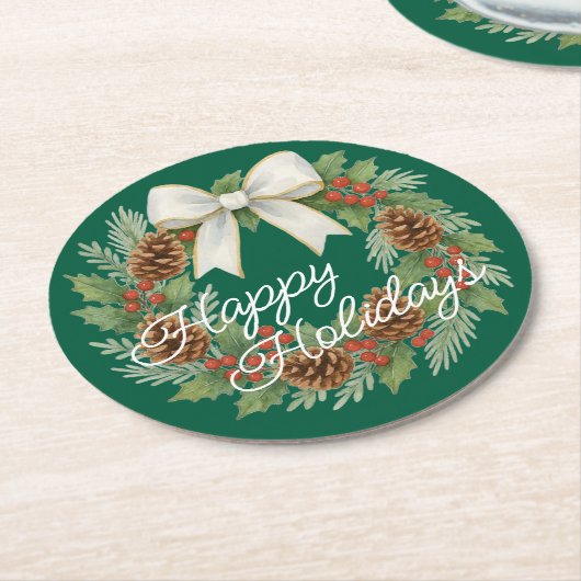 Classy Dezemberkranz mit weißem Bow-Urlaub Runder Pappuntersetzer (Angewinkelt)