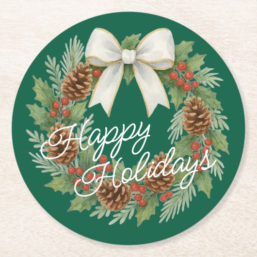 Classy Dezemberkranz mit weißem Bow-Urlaub Runder Pappuntersetzer (Vorderseite)