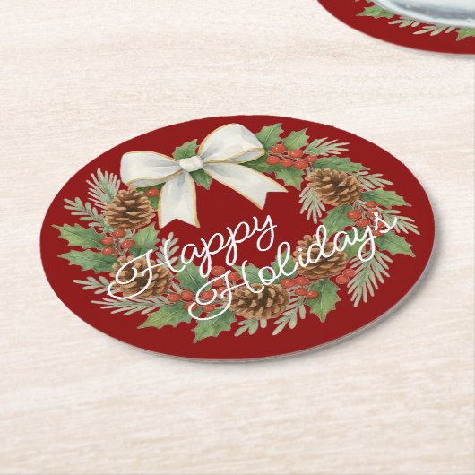 Classy Dezemberkranz mit weißem Bow-Urlaub Runder Pappuntersetzer (Angewinkelt)