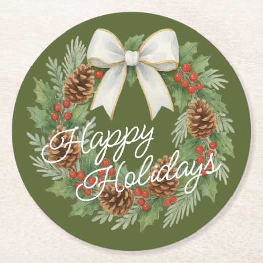Classy Dezemberkranz mit weißem Bow-Urlaub Runder Pappuntersetzer (Vorderseite)